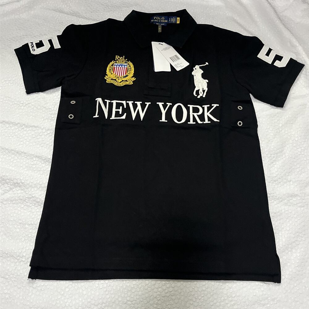 Polo Ralph Lauren T-Shirt New York USA #5 Big Pony Luxury Black Mesh Sz S Petite